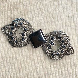 Burnished Silver Brooch Ornate Bow Black Square Central Stone Black Rhinestones